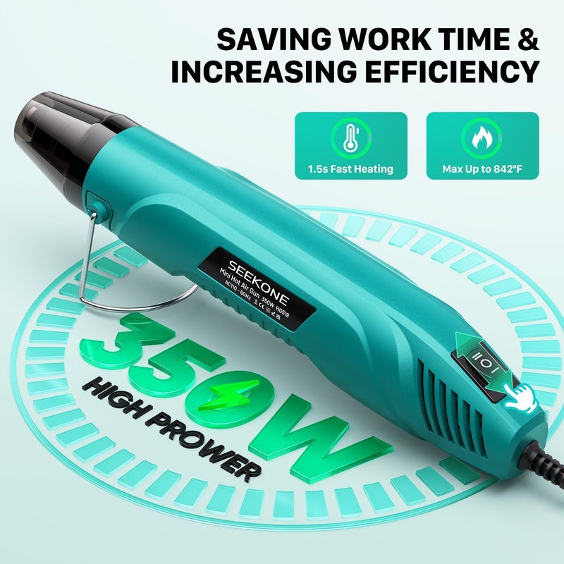 SEEKONE 350W Mini Heat Gun, Dual-Temp Model 500℉ & 842℉（260℃ & 450℃）Fast Heat Hot Air Gun with Overheat Protection and Reflector Nozzle for Heat Shrinking Tubes, Shaping, PVC Tubing（4.9FT） - Image 3